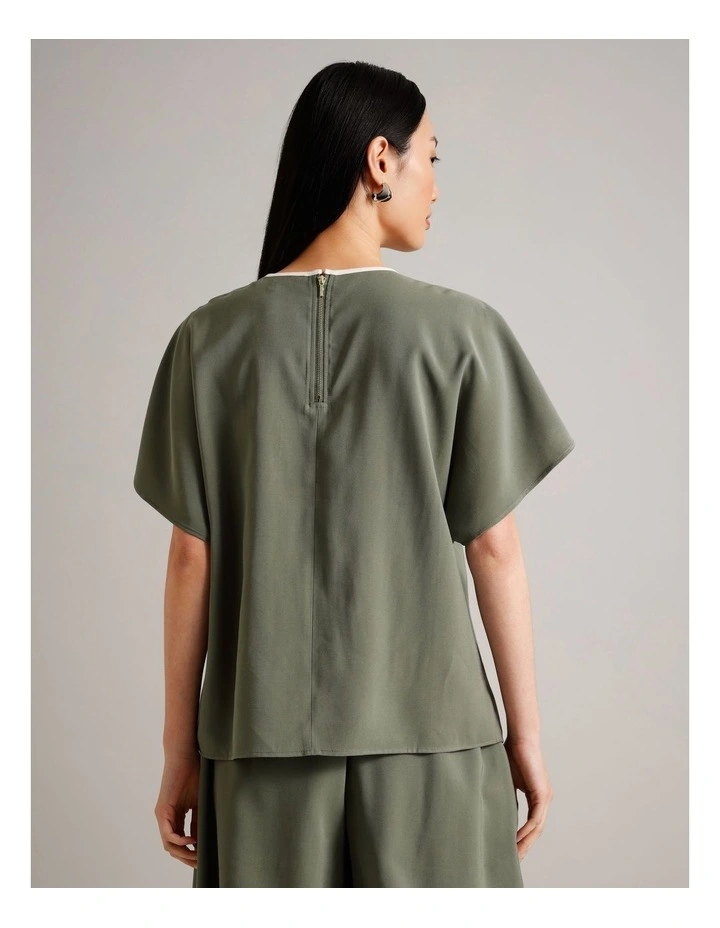 Viscose Blend Keyhole Top in Khaki image 5