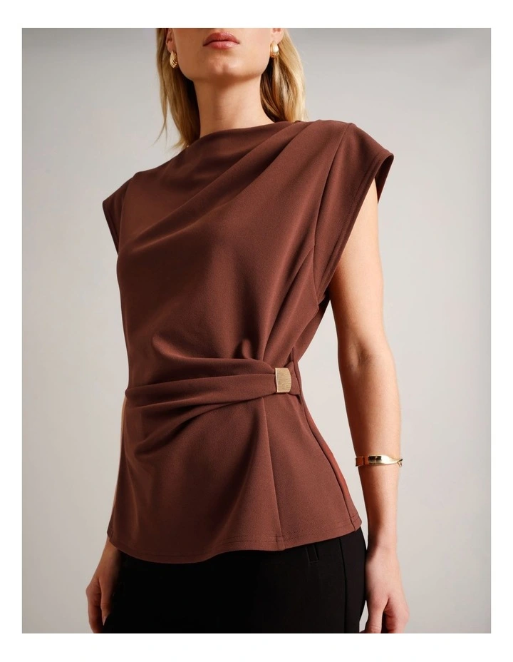 Polyester Blend Extended Sleeve Top With Waist Hardware in Wine image 3