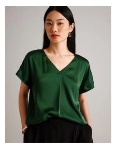Satin V Neck Tee in Dark Green
