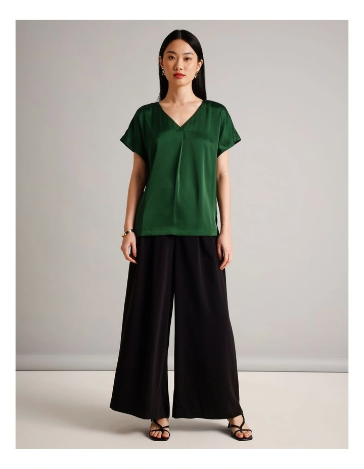 Satin V Neck Tee in Dark Green image 2