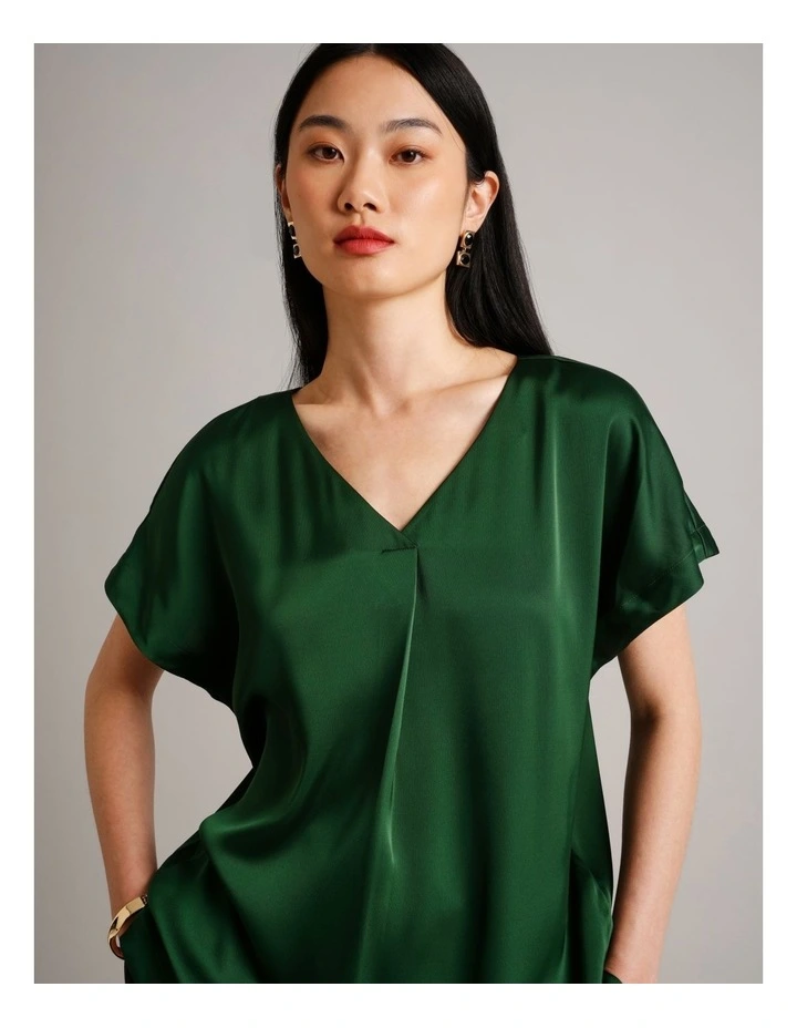 Satin V Neck Tee in Dark Green image 3