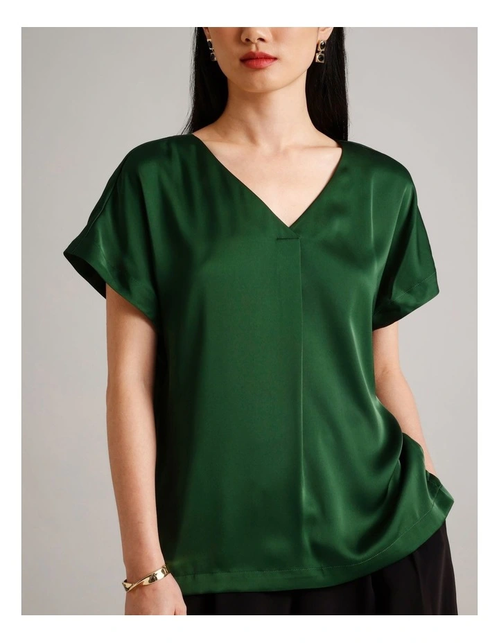 Satin V Neck Tee in Dark Green image 4