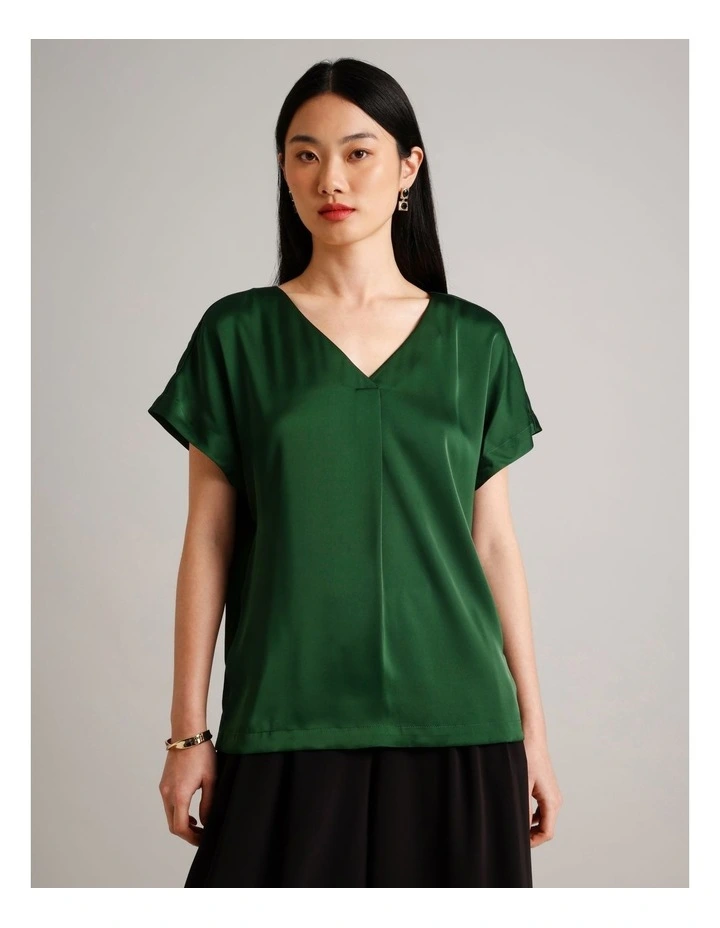 Satin V Neck Tee in Dark Green image 5