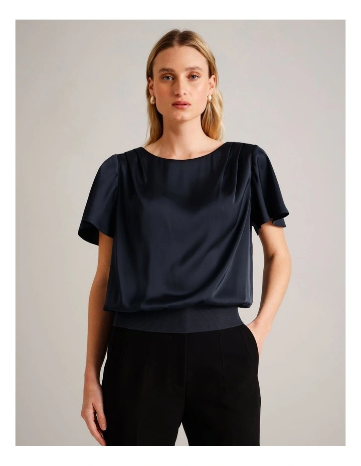 Satin Elastic Waist Tee in Navy image 3
