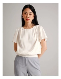 Satin Elastic Waist Tee in Ecru