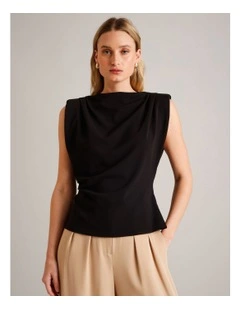Polyester Blend Gathered Detail Top With Shoulder Pads in Black