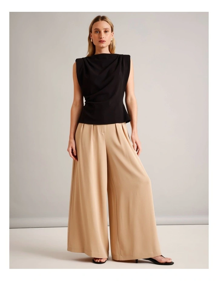Polyester Blend Gathered Detail Top With Shoulder Pads in Black image 2