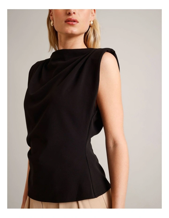 Polyester Blend Gathered Detail Top With Shoulder Pads in Black image 3