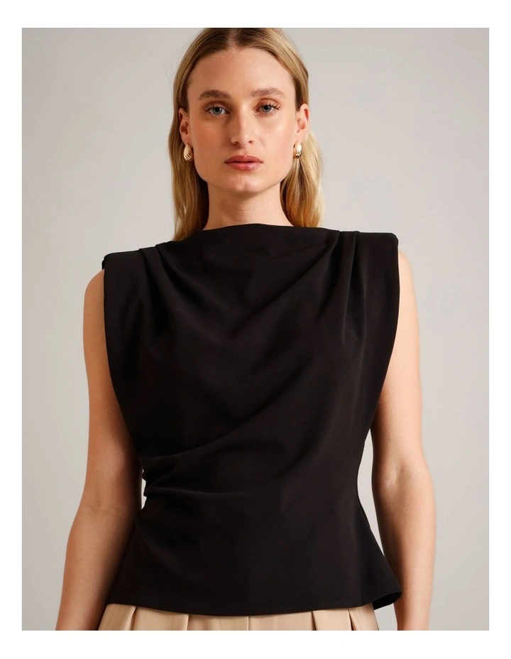 Polyester Blend Gathered Detail Top With Shoulder Pads in Black image 5