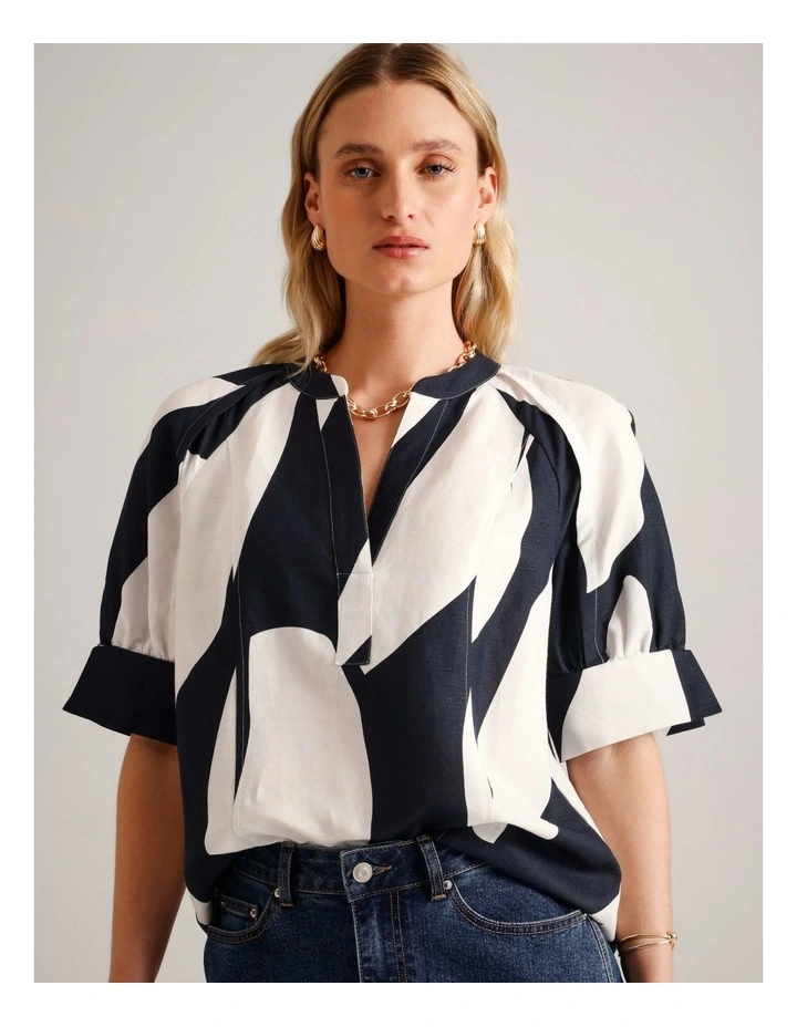 European Linen Blend Pop Over Top in Assorted image 1