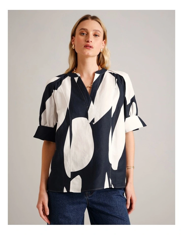 European Linen Blend Pop Over Top in Assorted image 3