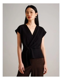 Twist Waist Detail Crepe Top in Black