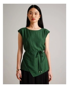 Crinkle Top With Tie in Dark Green