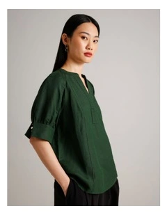 Linen Pop Over Top in Dark Green