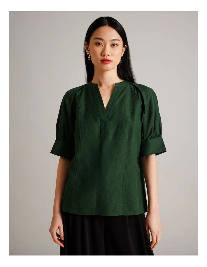 Linen Pop Over Top in Dark Green image 3