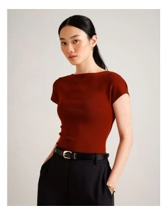 Boat Neck Cap Sleeve Knit in Rust