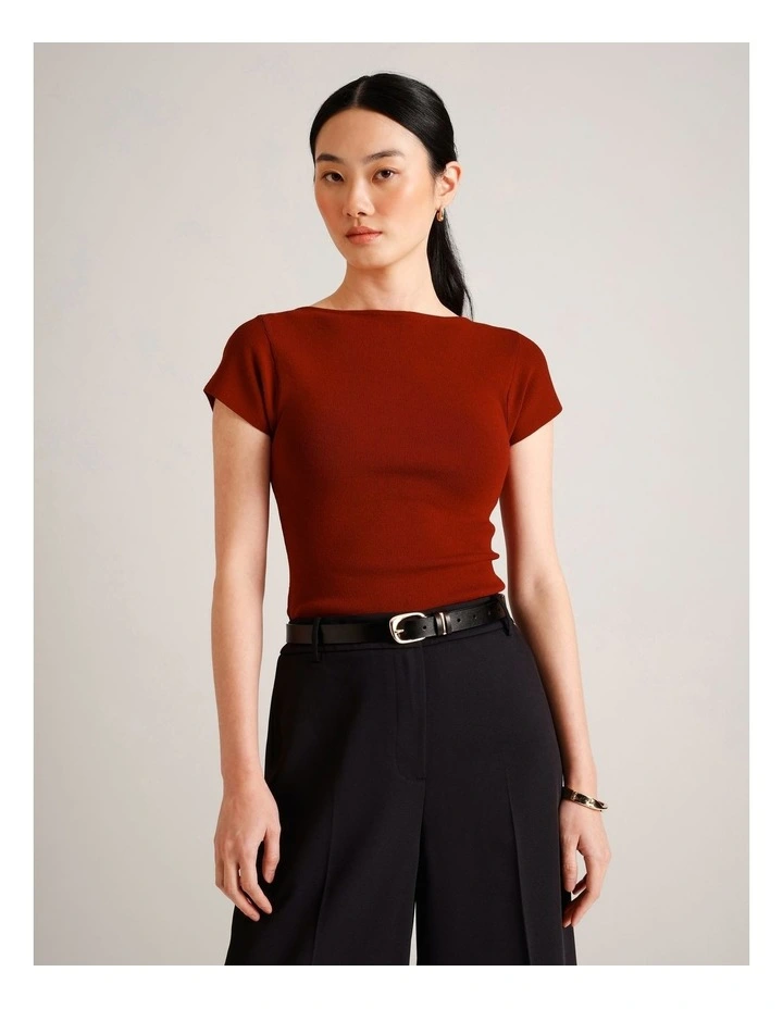 Boat Neck Cap Sleeve Knit in Rust image 3