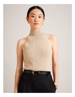 High Neck Metallic Sleeveless Knit in Gold