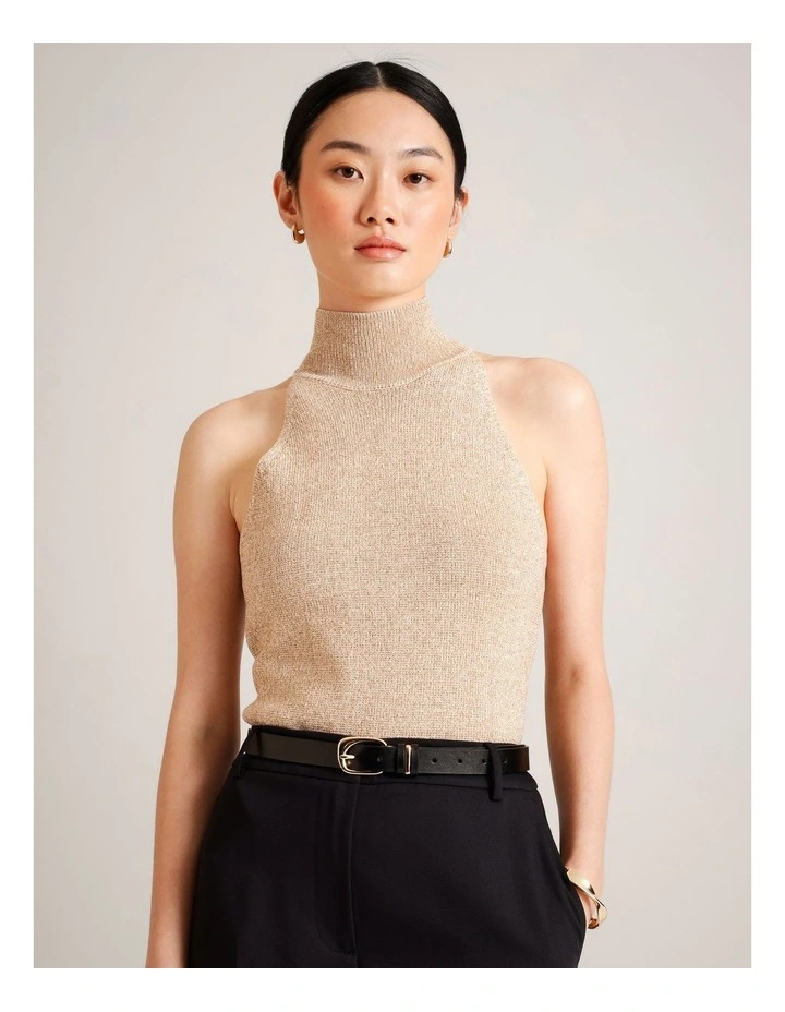 High Neck Metallic Sleeveless Knit in Gold image 1