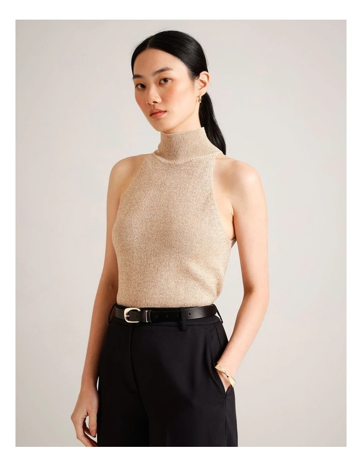 High Neck Metallic Sleeveless Knit in Gold image 3