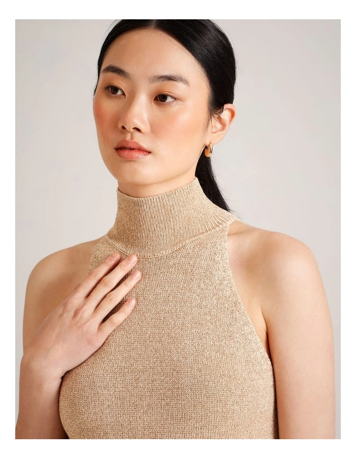 High Neck Metallic Sleeveless Knit in Gold image 4