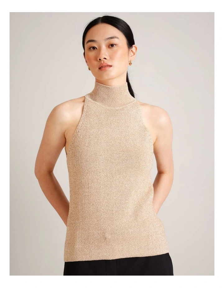 High Neck Metallic Sleeveless Knit in Gold image 5