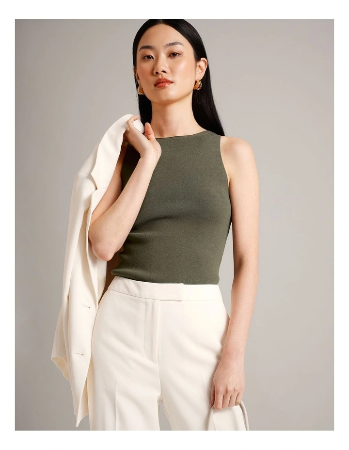 High Neck Knit Tank in Khaki image 1
