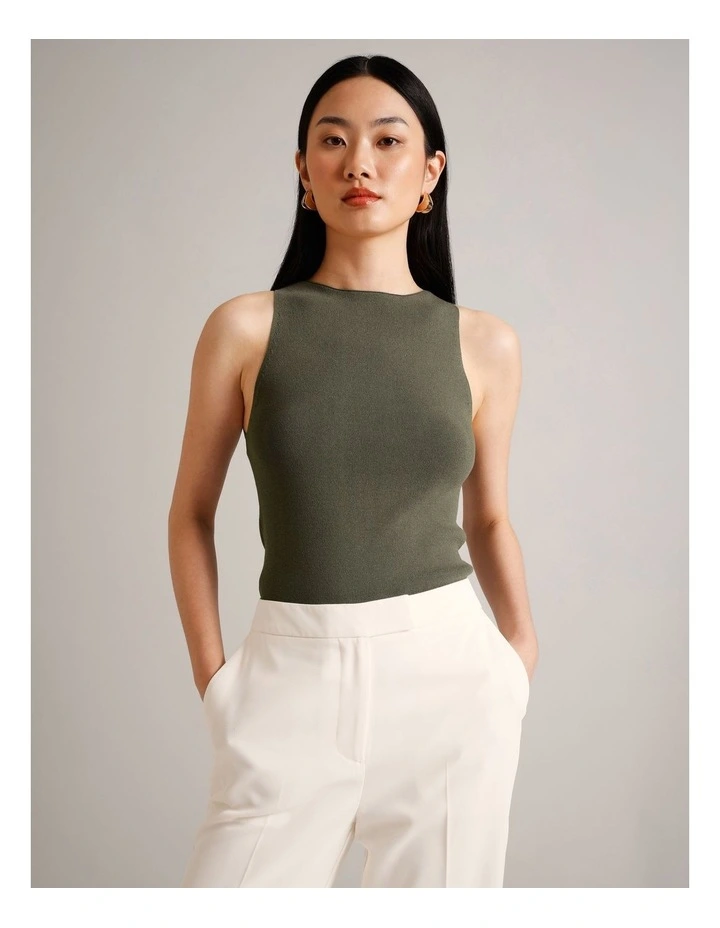 High Neck Knit Tank in Khaki image 3