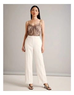 Textured Polyester Straight Leg Pant in Ecru