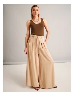 Tie Detail Wide Leg Pant in Camel
