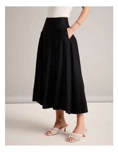 European Linen Blend Pleat Detail Skirt in Black