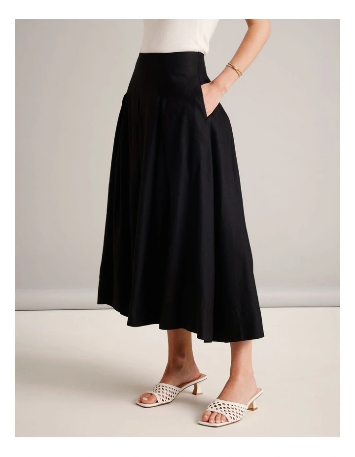 European Linen Blend Pleat Detail Skirt in Black image 1