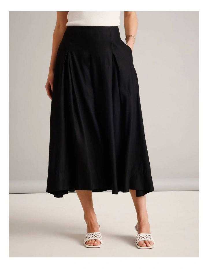 European Linen Blend Pleat Detail Skirt in Black image 3