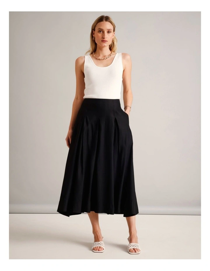 European Linen Blend Pleat Detail Skirt in Black image 7