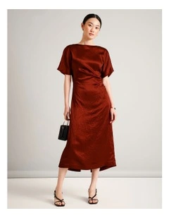 Crushed Acetate Twist Back Dress in Rust