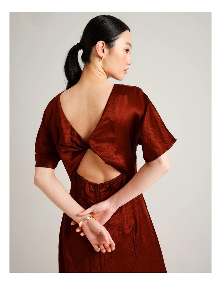 Crushed Acetate Twist Back Dress in Rust image 2