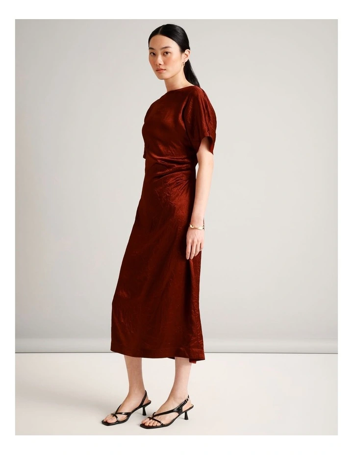Crushed Acetate Twist Back Dress in Rust image 3