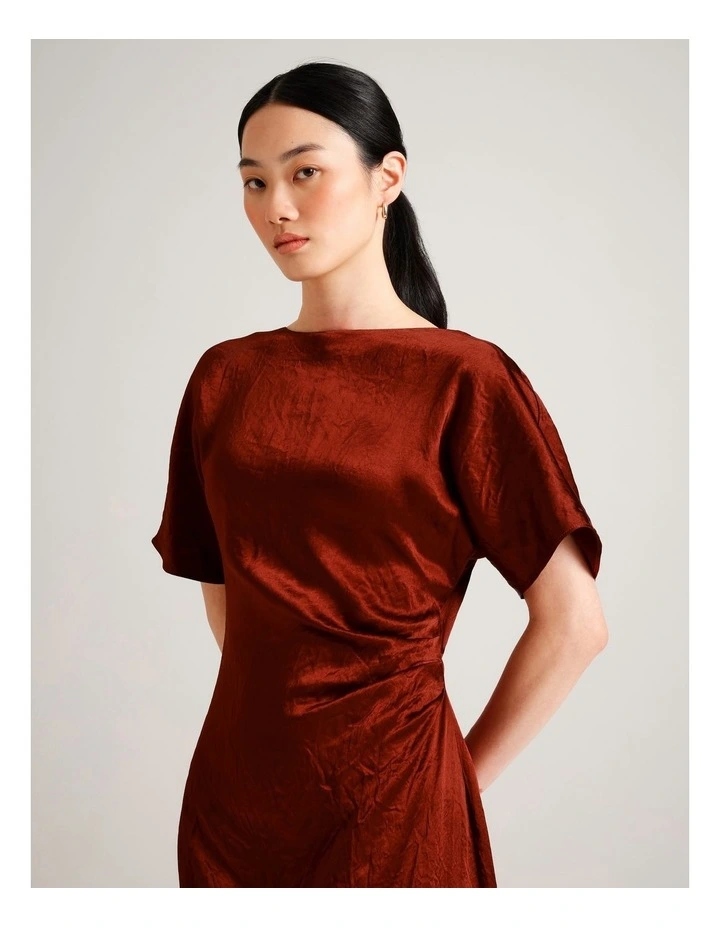 Crushed Acetate Twist Back Dress in Rust image 4