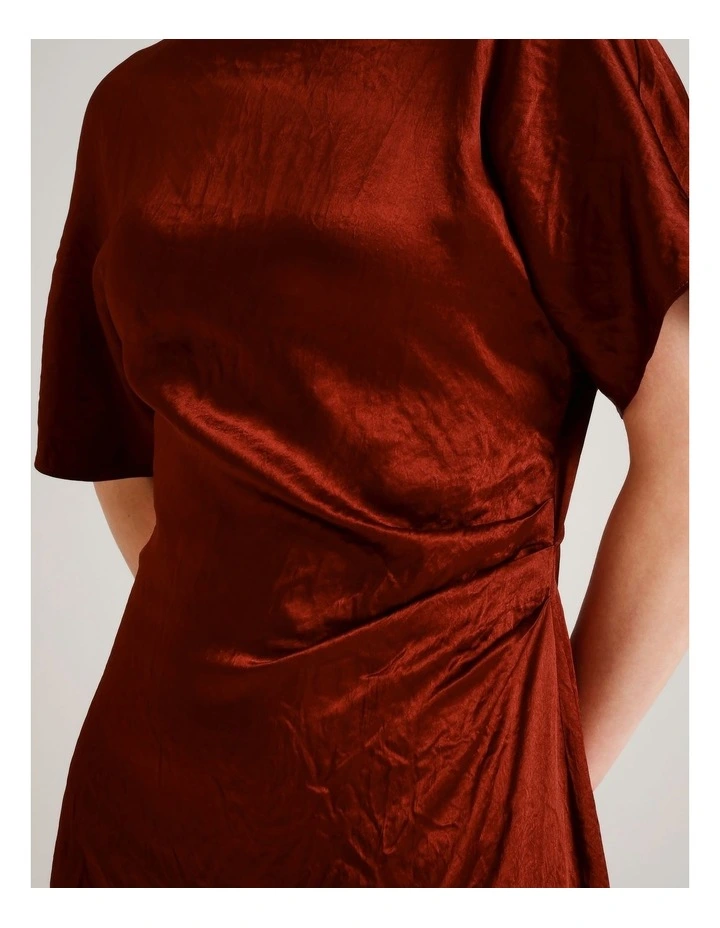 Crushed Acetate Twist Back Dress in Rust image 6