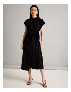 Viscose Blend Extended Sleeve Wrap Front Dress in Black