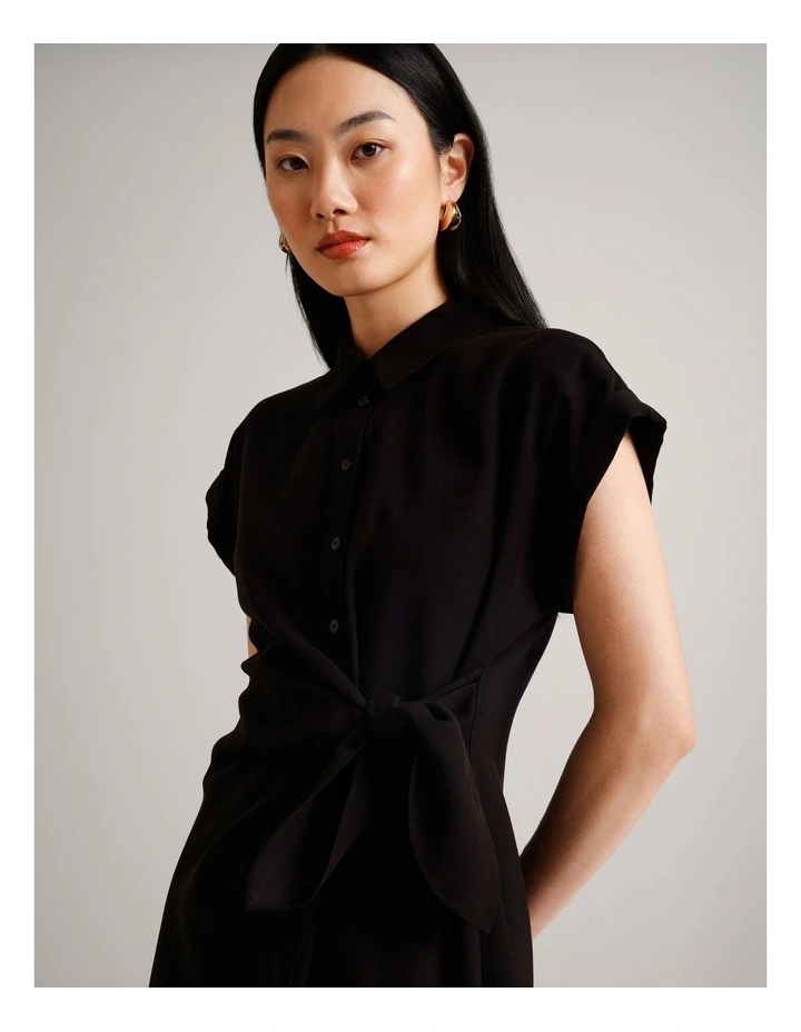Viscose Blend Extended Sleeve Wrap Front Dress in Black image 2