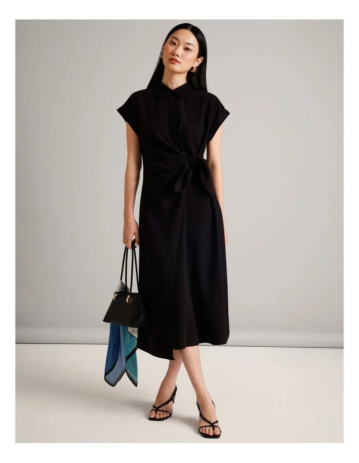 Viscose Blend Extended Sleeve Wrap Front Dress in Black image 3