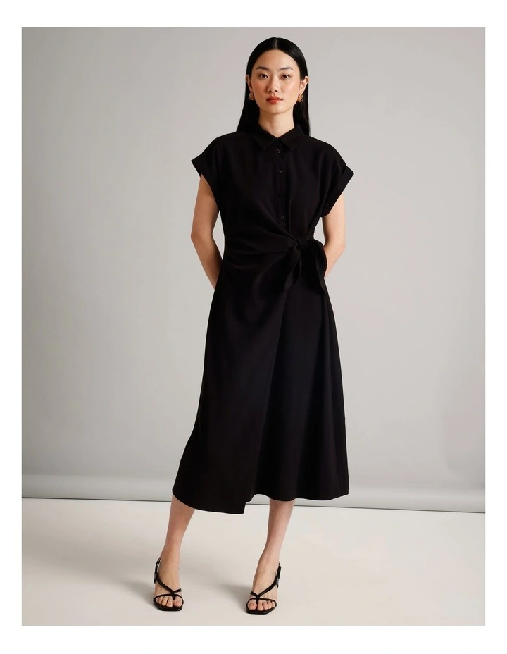 Viscose Blend Extended Sleeve Wrap Front Dress in Black image 4