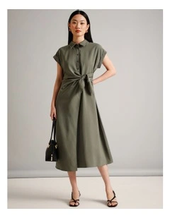 Viscose Blend Extended Sleeve Wrap Front Dress in Khaki