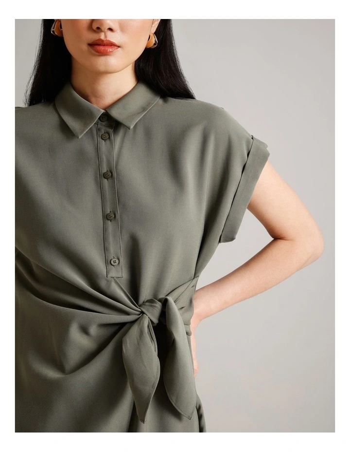 Viscose Blend Extended Sleeve Wrap Front Dress in Khaki image 3