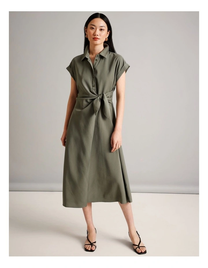 Viscose Blend Extended Sleeve Wrap Front Dress in Khaki image 4