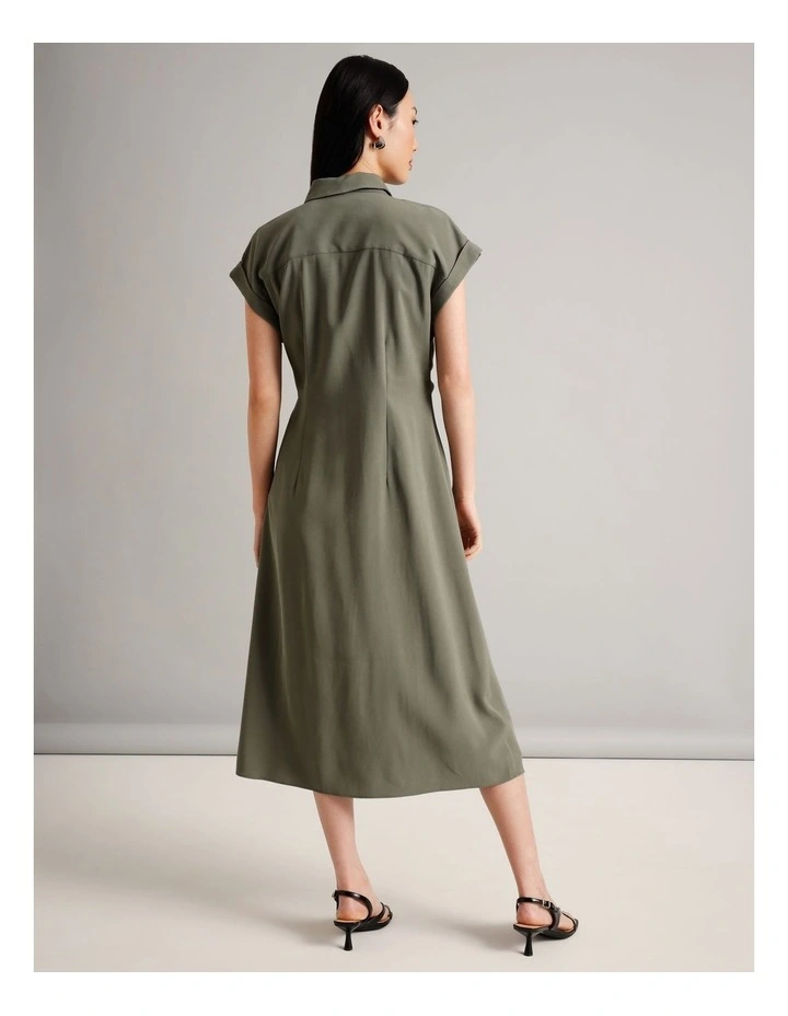 Viscose Blend Extended Sleeve Wrap Front Dress in Khaki image 5