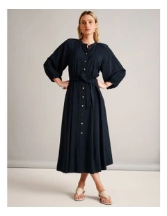 Sustainable Viscose Blend Button Through Shirt Dress in Navy