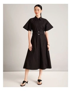 Organic Cotton Blend Short Sleeve Shirt Dress in Black