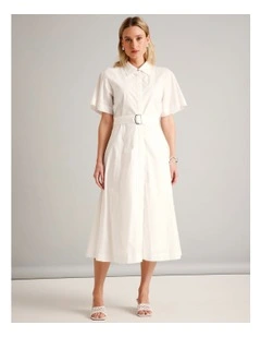 Organic Cotton Blend Short Sleeve Shirt Dress in Ivory